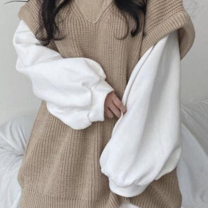 French Style Split Long Sleeve Top Plus Casual Knitted Sweater Vest For Women