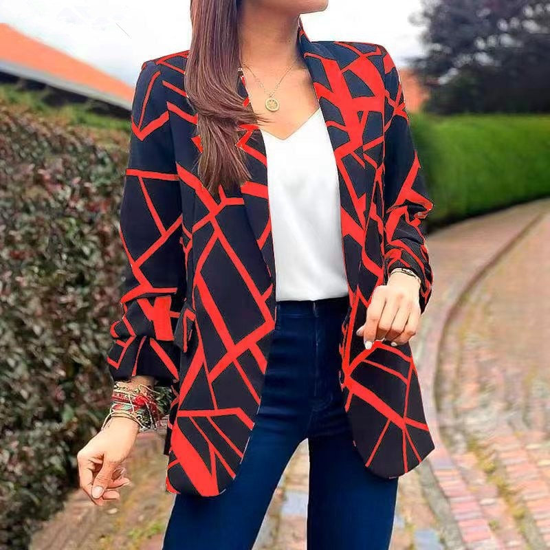Women's Fashion Versatile Print Versatile Suit Collar Buttonless Blazer