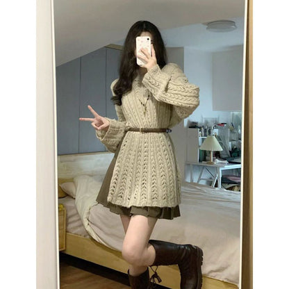 Hollow Out Sweater Pleated Skirt Suit