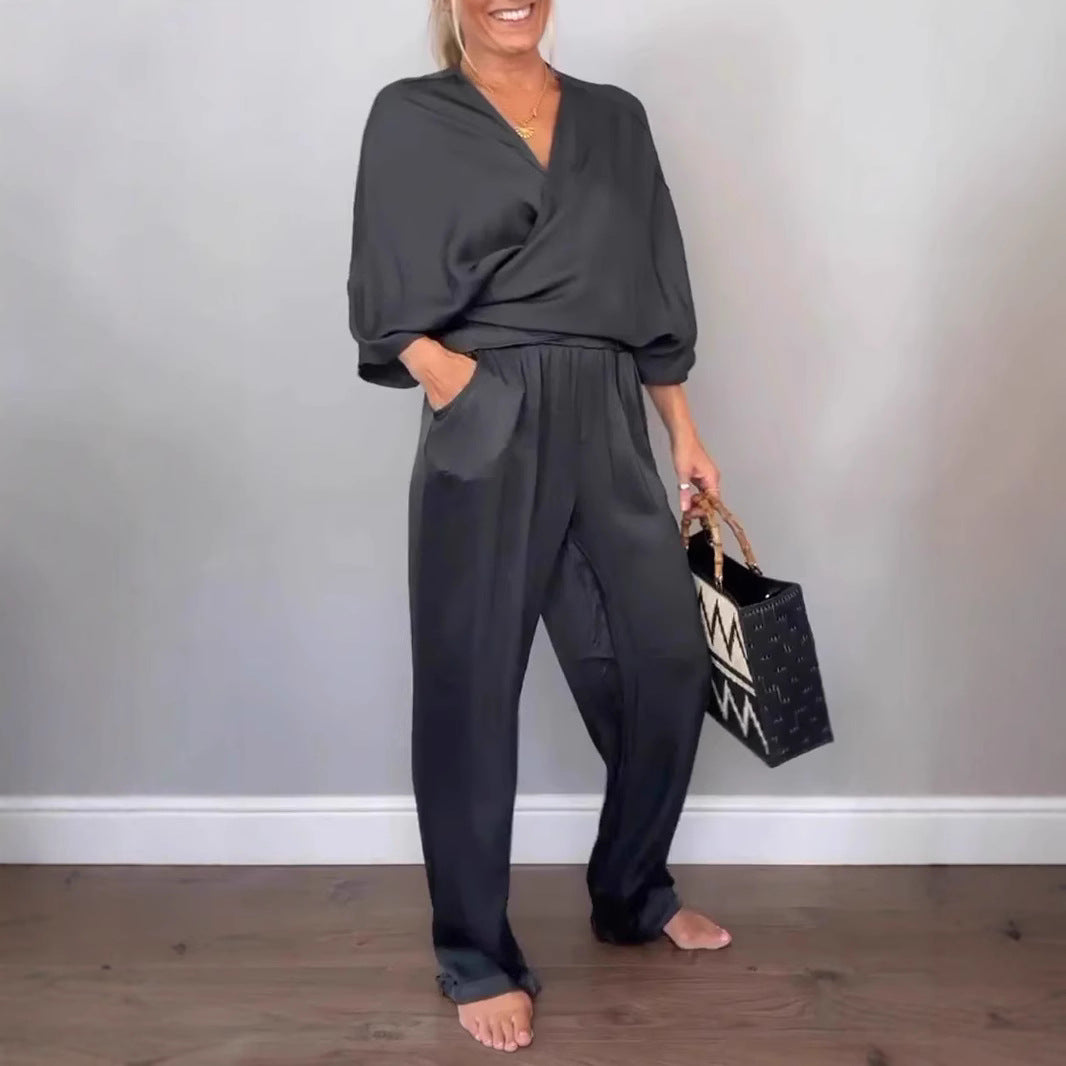 Solid Color Satin Short-sleeved Top Pants Suit Women