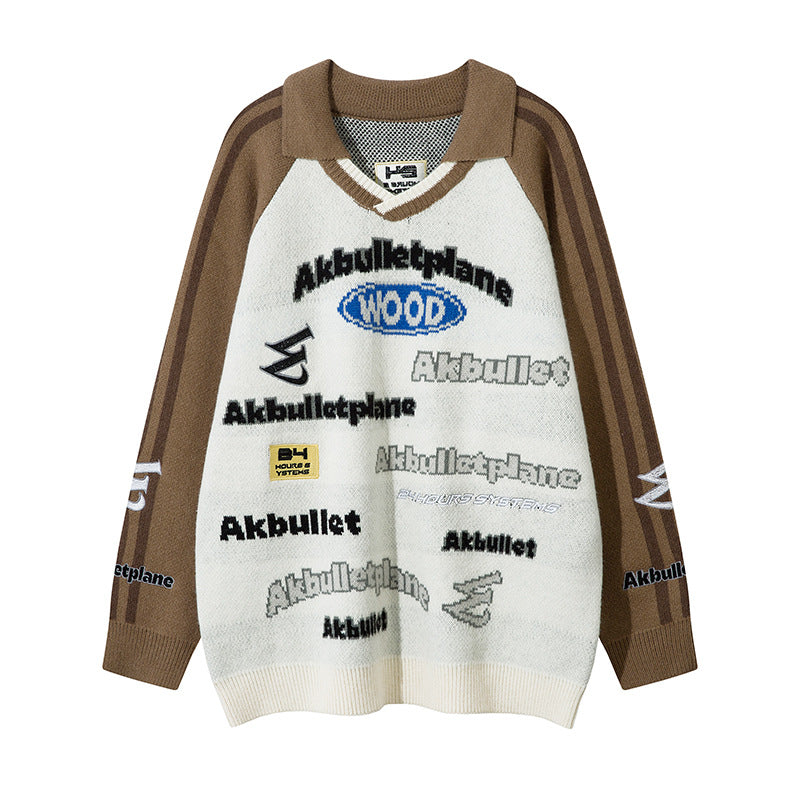 American Street Fashion Lapel Locomotive Style Letter Jacquard Men's And Women's Sweaters