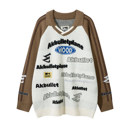 American Street Fashion Lapel Locomotive Style Letter Jacquard Men's And Women's Sweaters