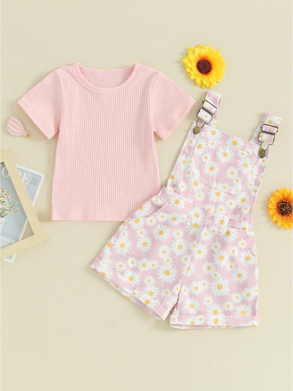 Toddler Girl Shorts Outfit Solid Color Ribbed Short Sleeve