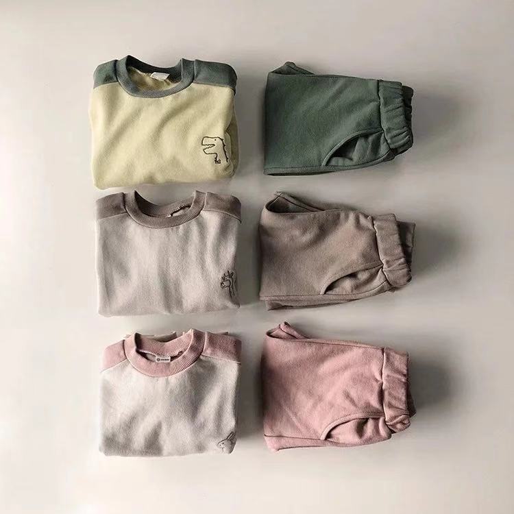 Contrast Color Long Sleeve Boys And Girls Embroidered Animal Sweatshirts Two-Piece Set