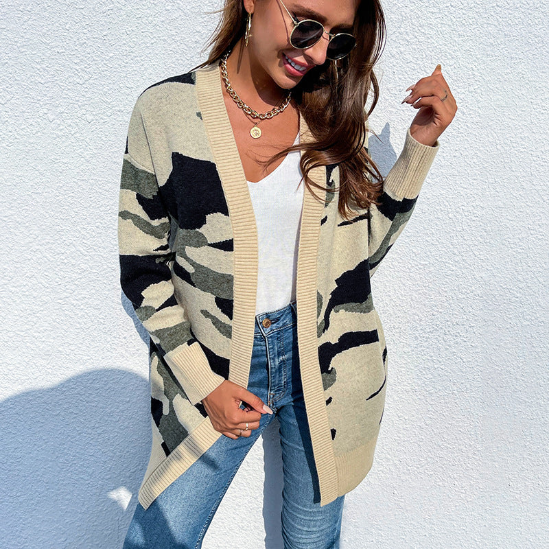 Knit Sweater Women's Long Camouflage Sweater Cardigan