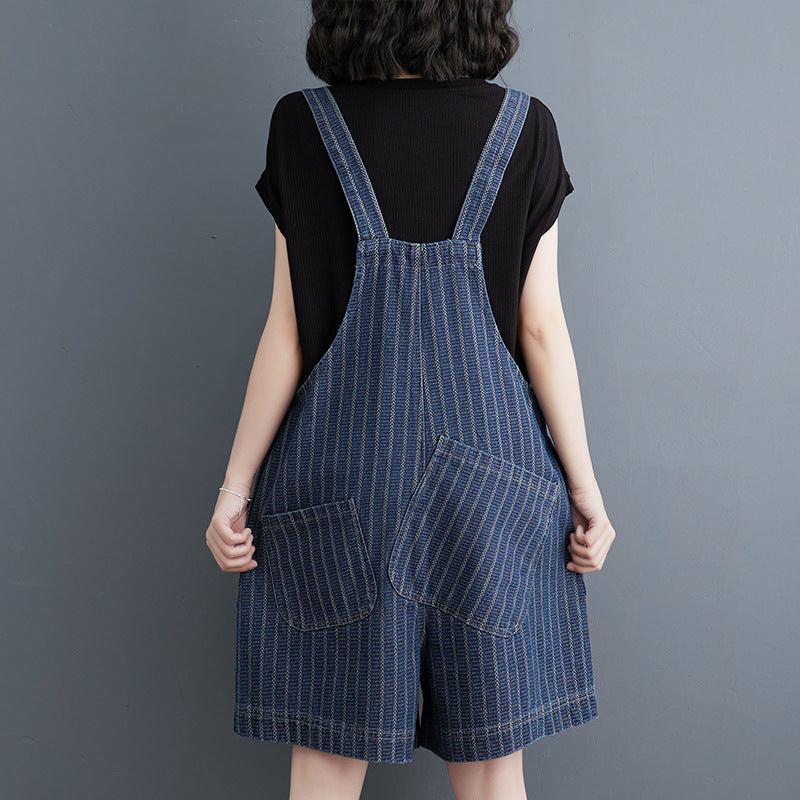 Summer New Large Vertical Stripe Denim Strap Shorts For Women