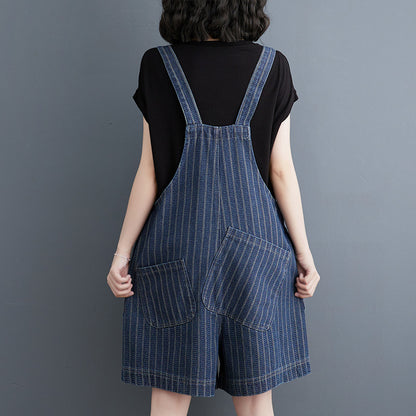 Summer New Large Vertical Stripe Denim Strap Shorts For Women