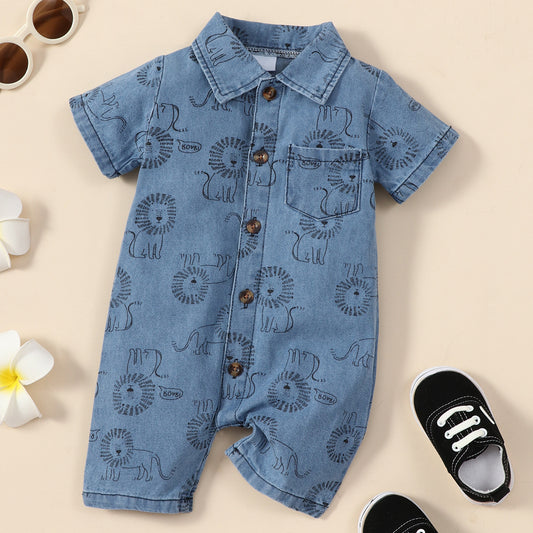 Boy Lion Printing Denim Jumpsuit