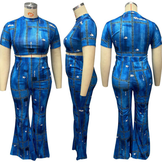 Women's Clothing Denim Printing Plus Size Two-piece Suit