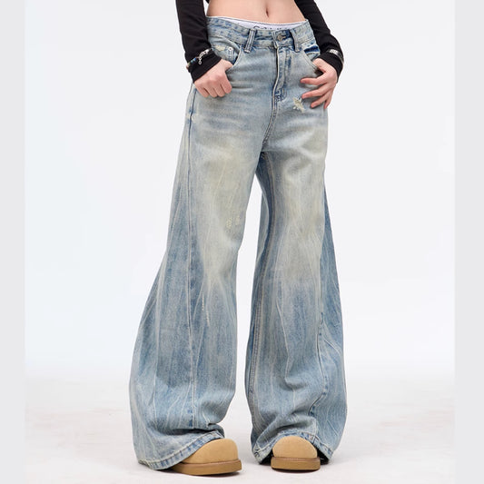 Retro Washed Ripped Jeans Baggy Straight Trousers