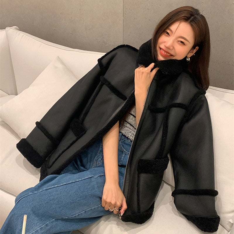 Lambswool Fashion Leather Coat Patchwork Short Section Women