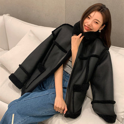 Lambswool Fashion Leather Coat Patchwork Short Section Women