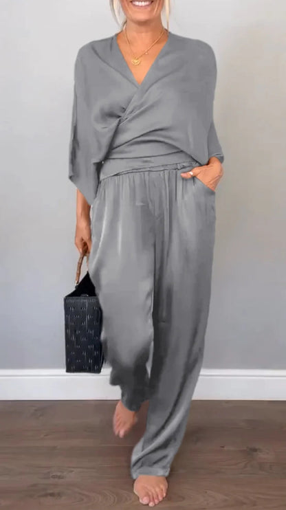 Solid Color Satin Short-sleeved Top Pants Suit Women