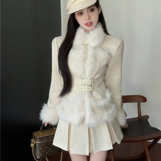 Classic Style Fur Stitching Suede Puffer Jacket High Waist Pleated Skirt Two-piece Set For Women