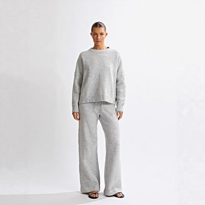 Round-neck Backless Knit Sweater Long Sleeve Pants Set For Women