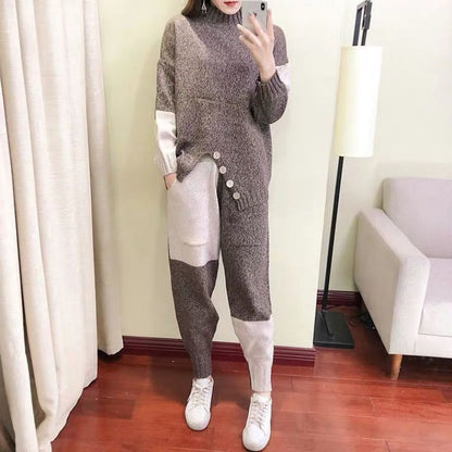 New Style Casual Suit Women Knitted Half Turtleneck Sweater Pants