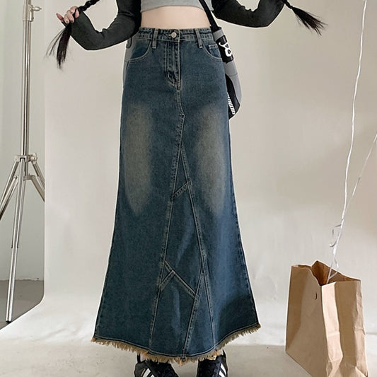 New High Waist Retro Water Blue Denim Skirt For Women