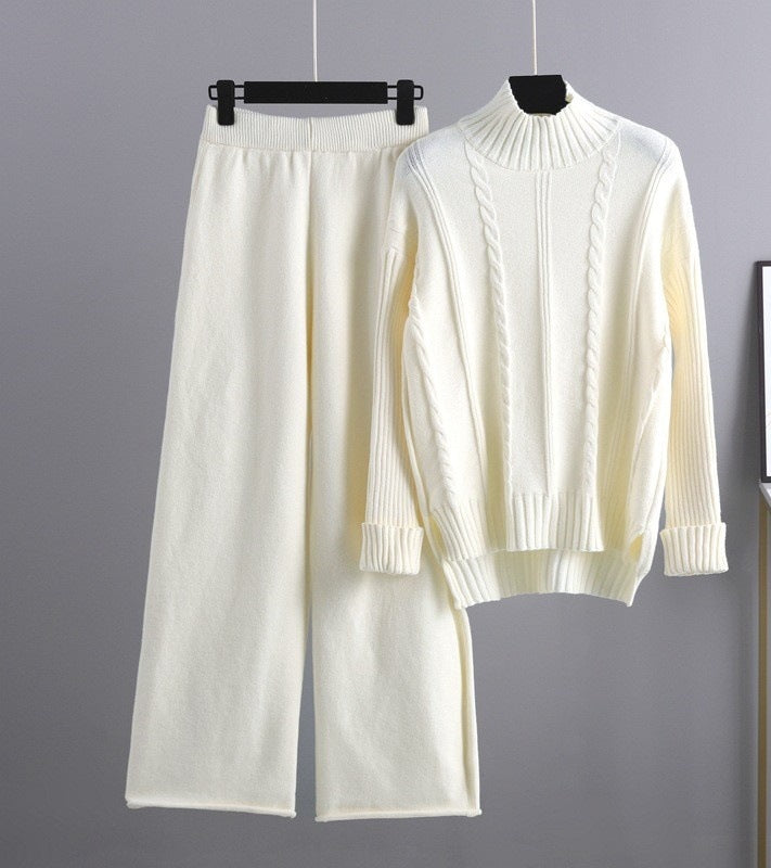 High-end Mock Neck Sweater Wide-leg Pants Suit Women