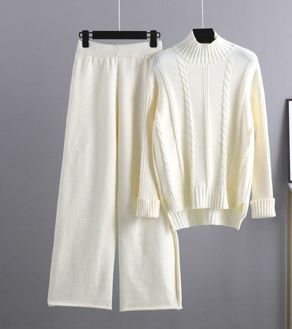 High-end Mock Neck Sweater Wide-leg Pants Suit Women