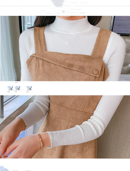 Half High Neck Bottoming Sweater Women Deerskin Velvet Waist Strappy Skirt