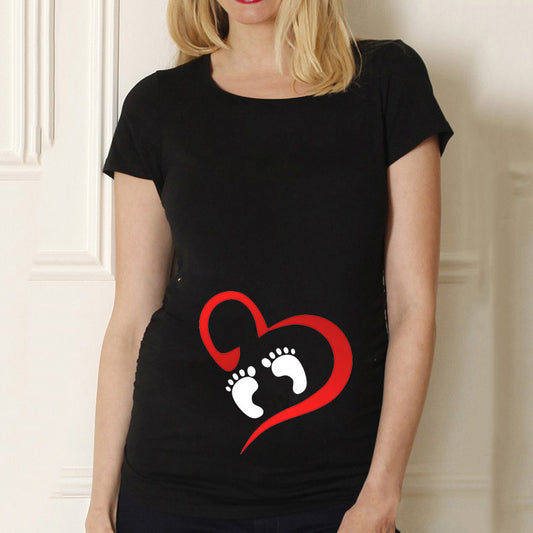 Black Pregnancy Shirt Maternity Cute Baby Print O-Neck Short