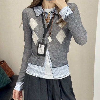 Diamond Patterned Long Sleeve Blouse For Women
