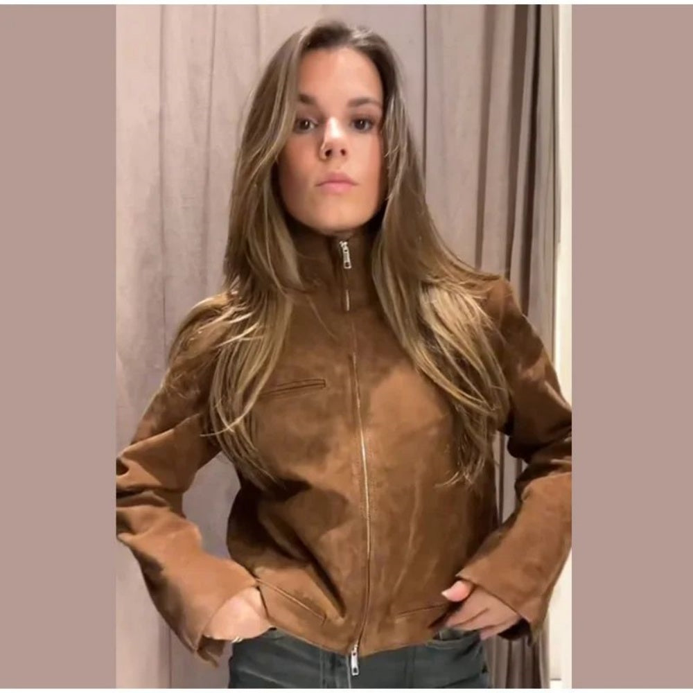 Spring Short Suede Jackets Women Brown Stand Collar Zip