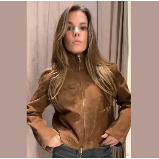 Spring Short Suede Jackets Women Brown Stand Collar Zip