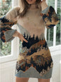 Long Printed Sweater Dress Women High Collar