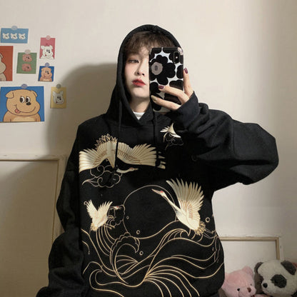 Retro Crane Print Loose Hooded Plus Velvet Sweater Women Plus Size Coat