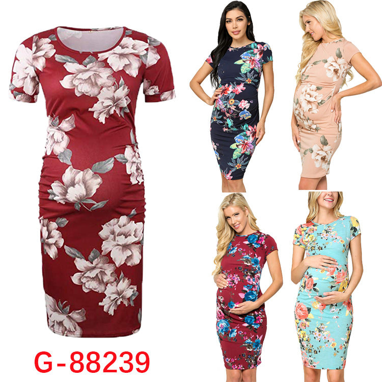 Pleated printed maternity dress