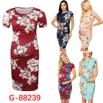 Pleated printed maternity dress