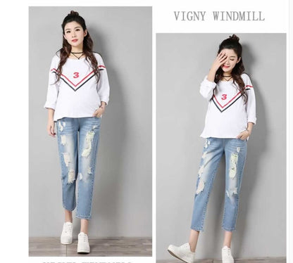 Fashion maternity pants summer tide hole jeans seven points loose thin tight stretch