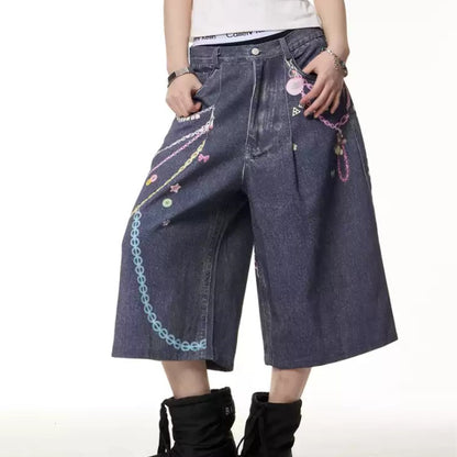 Retro Color Chain Printed Cropped Jeans For Women