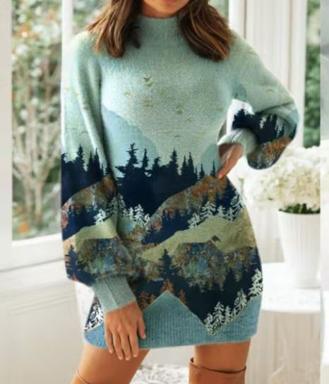 Long Printed Sweater Dress Women High Collar