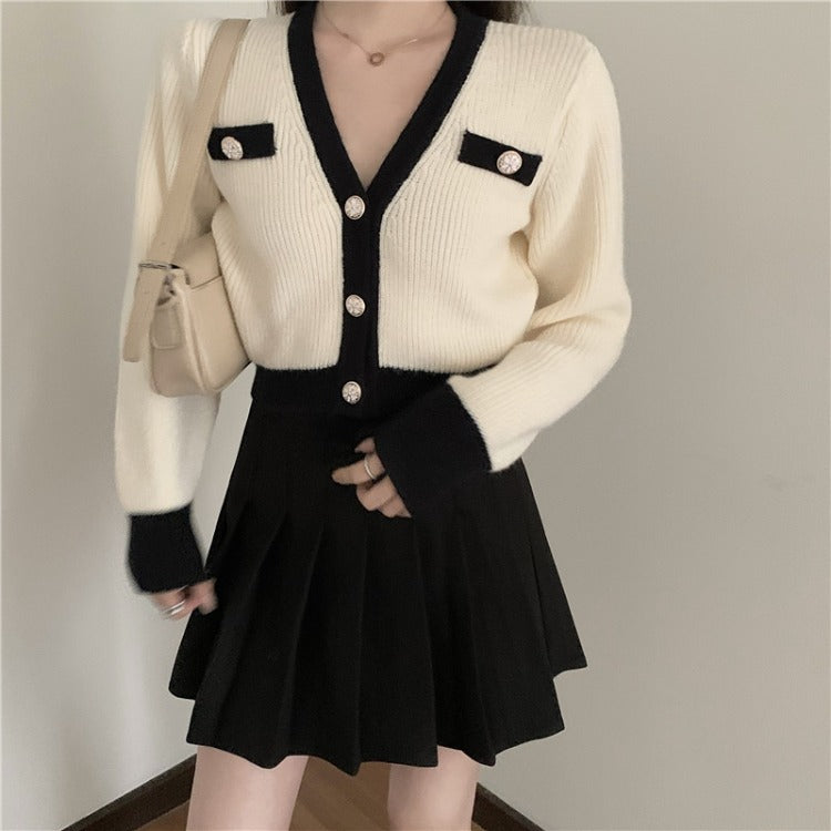 Short Knit Sweater Top Sweater Coat Pleated Skirt