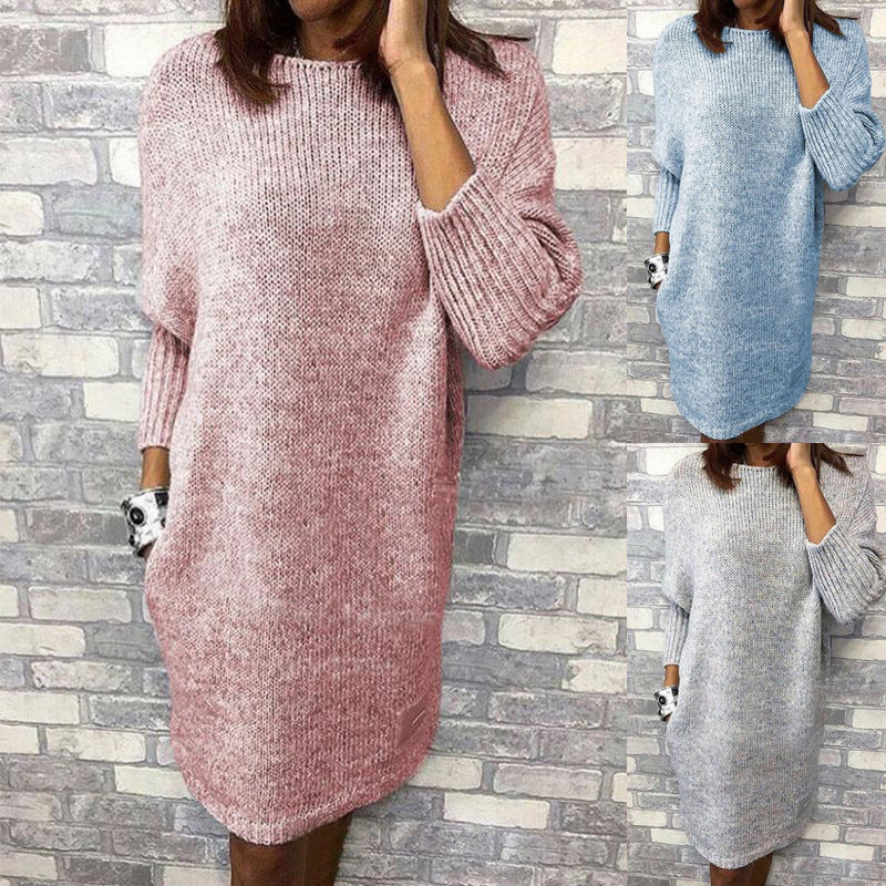 Solid Color Pullover Mid-Length Sweater Women Loose All-Match Base Knitted Skirt