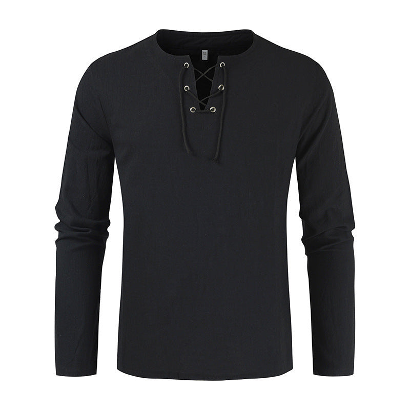 Plain Cotton And Linen Lace-up Shirt For Men