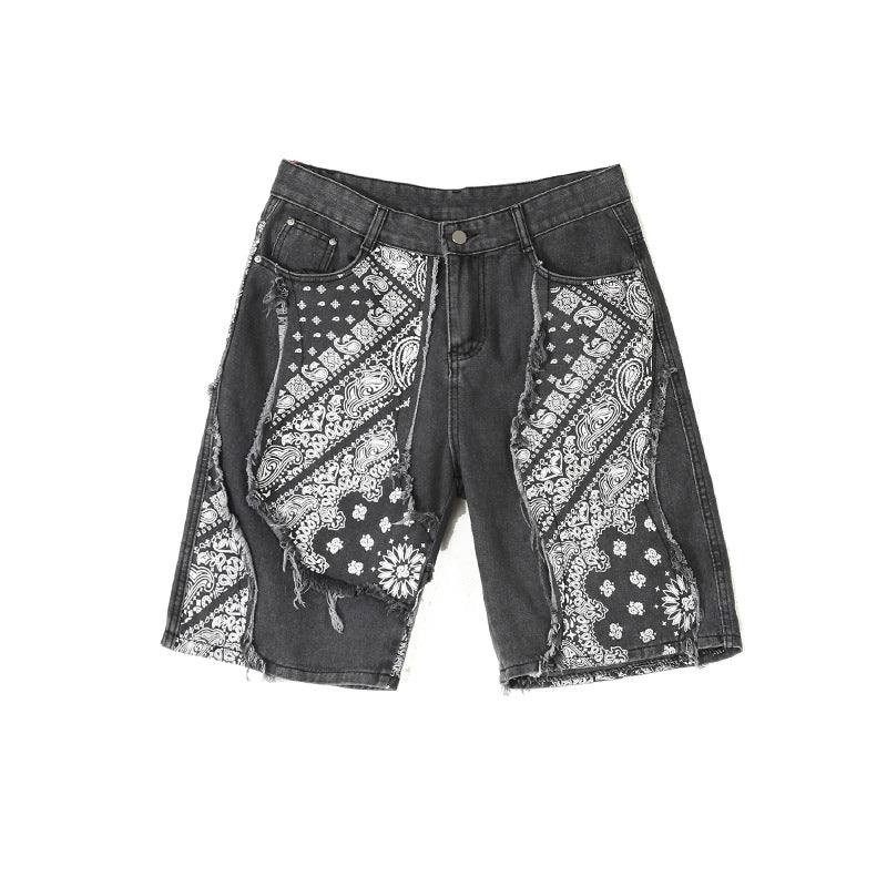 Retro Patchwork Paisley Denim Shorts Men