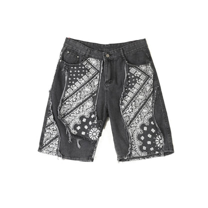 Retro Patchwork Paisley Denim Shorts Men