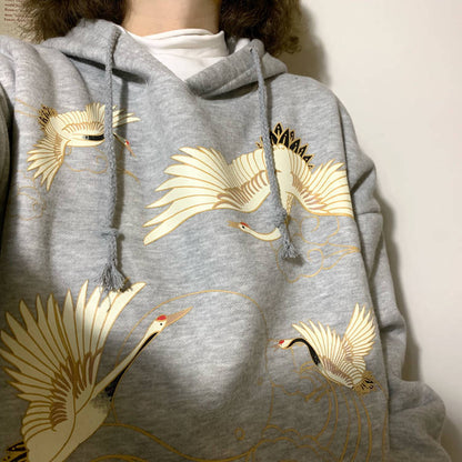 Retro Crane Print Loose Hooded Plus Velvet Sweater Women Plus Size Coat