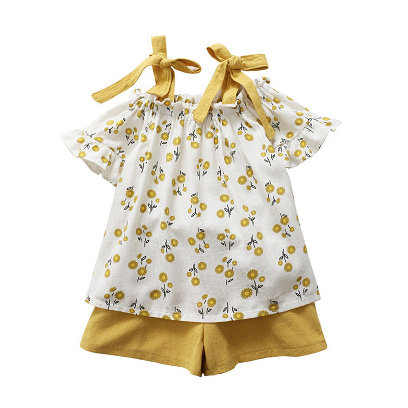 Floral Two-piece Suit Girls Toddler Suspender Suit Pants