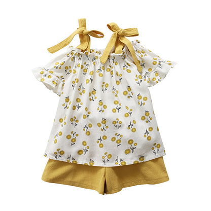 Floral Two-piece Suit Girls Toddler Suspender Suit Pants