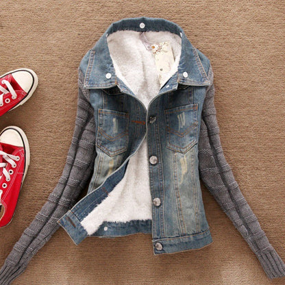 Hot Sale Autumn New cowboy jacket Large fur collar hooded wool sleeve denim jacket Plus size S-5XL ladies fashion jacket