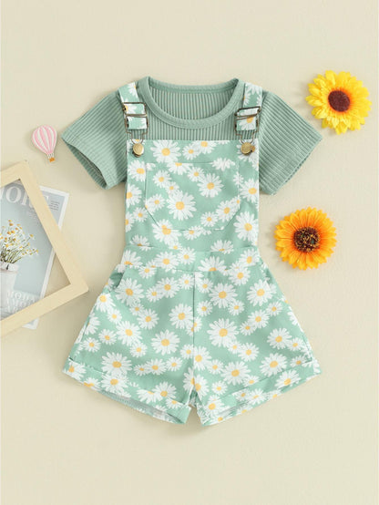 Toddler Girl Shorts Outfit Solid Color Ribbed Short Sleeve