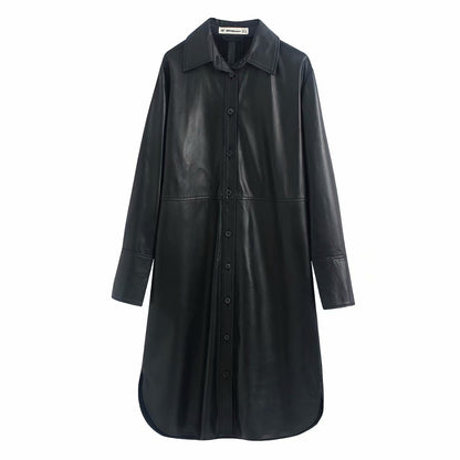Lapel long sleeve leather shirt jacket women