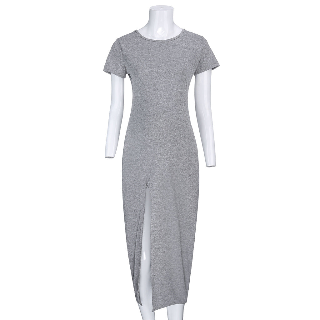 Retro Literary Women's Round Neck Short Sleeved Slit Maternity Comfortable Dress