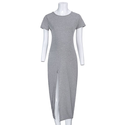 Retro Literary Women's Round Neck Short Sleeved Slit Maternity Comfortable Dress