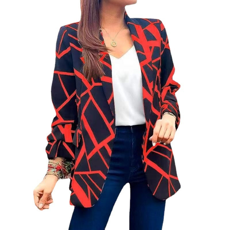 Women's Fashion Versatile Print Versatile Suit Collar Buttonless Blazer