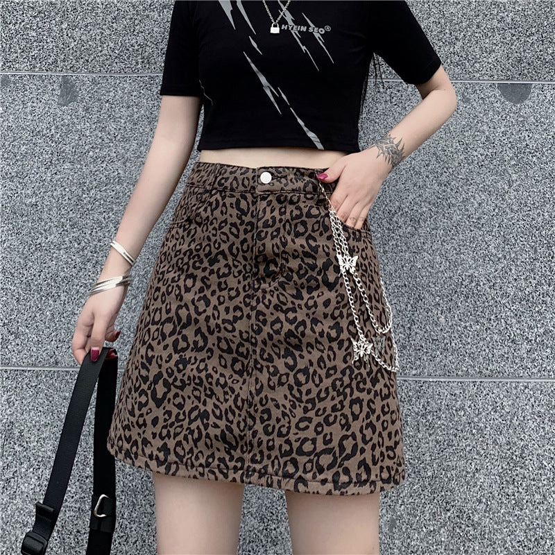 Harajuku Style Retro Denim Skirt High Waist Leopard Print Skirt Women